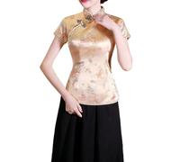 Women's Black Satin Brocade Qipao Top, Dragon & Phoenix Embroidery Mandarin Collar Short Sleeve Chinese Blouse, Elegant Traditional Cheongsam for Party & Evening Wear (Gold, M)