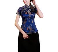 Women's Black Satin Brocade Qipao Top, Dragon & Phoenix Embroidery Mandarin Collar Short Sleeve Chinese Blouse, Elegant Traditional Cheongsam for Party & Evening Wear (Blue, L)