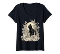 Womens Black Scary Cat Vintage Apothecary Scholarly Potion Lover V-Neck T-Shirt