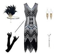 Women's Black Sequin Flapper Costume Set, 1920s Style Carnival Outfit for Masquerade, Fancy Dress & Festival Clothing