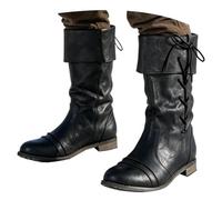 Women's Black Tall Boots with Foldover Cuffs and Lace-Up Detail | PU boots have gathered shafts, wide turned cuffs and tie details, finished with low heels and a rounded toe for a relaxed,