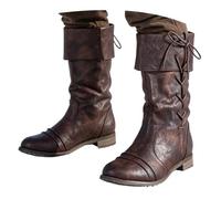 Women's Black Tall Boots with Foldover Cuffs and Lace-Up Detail | PU boots have gathered shafts, wide turned cuffs and tie details, finished with low heels and a rounded toe for a relaxed,