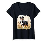 Womens Black Tricolor Australian Shepherd Aussie Dog V-Neck T-Shirt