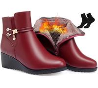 Women's Black Wedge Heel Ankle Booties,botines de mujer de vestir elegantes,Soft Leather Platform Side Zipper Sparkling Rhinestones Fur Lined Thickening Snow Boot (Red a,6UK)