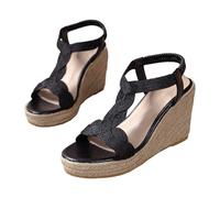 Womens Black Wedge Strappy Sandal Ladies Wedge Woven Braided Sandals, Summer Espadrille Platform Shoes, Womens Slingback Wedge Work Buckle Peep Toe Shoes, For Party, Wedding, And Fashion Dress