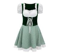 Womens Black White Gingham Oktoberfest Dirndl Dress Square Ruffle Neck Puff Short Sleeve White Ribbon Lace Up Bavarian Beer Festival Dress Costume Lace Hem Flared Mini Skirt Carnival Party Dress