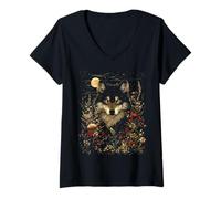 Womens Black Wolf Full Moon Boho Floral Mystical Graphic Women V-Neck T-Shirt