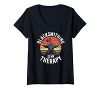 Women's Blacksmithing is My Therapy Retro Anvil Hammer V-Neck T-Shirt