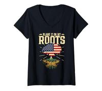 Women's Blame It On My Roots American Heritage Jamaican Roots V-Neck T-Shirt