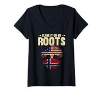 Women's Blame It On My Roots American Heritage Norwegian Roots V-Neck T-Shirt