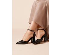 Womens Blanche Ankle Strap Pointed High Block Heel Court Shoes Black 8
