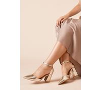 Womens Blanche Ankle Strap Pointed High Block Heel Court Shoes Gold 4
