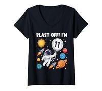 Women's Blast Off I'm 11 Years Old 11th Birthday Spaceship Astronaut V-Neck T-Shirt