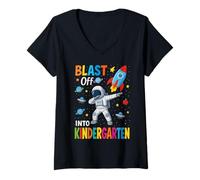 Womens Blast Off Into Kindergarten Back To School Rocket V-Neck T-Shirt