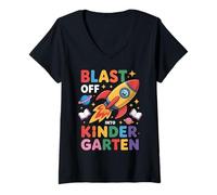 Womens Blast Off Into Kindergarten Fun Kids First Day School V-Neck T-Shirt