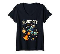 Women's Blast Off Ship Travel Cosmic Space Rocket Adventure Galaxy V-Neck T-Shirt