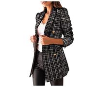 Women's Blazer Jacket UK Sale,Ladies Suit Blazer Notched Collar Double Breasted Houndstooth Jacket Long Sleeve Regular Fit Work Business Office Casual Smart Autumn Cardigans Suit Jackets Size 18