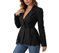Women's Blazer Lace Jacket Women's One Button Women's Blazer Bodycon Fitted Jacket with Lace Trim on the Hem Elegant Business Tops Leisure Plain A-line Jackets, O Black, XXL