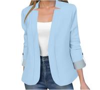 Womens Blazer Suit Collarless Open Front Cardigan Summer Roll Up 3/4 Sleeve Blazer Jackets Cropped Suit Jacket Smart Ladies Work Business Office Cardigan Dressy Outerwear Light Blue