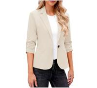 Womens Blazer Suit Elegant 3/4 Sleeve Notch Lapels Collar Jackets Ladies Business Work Office Open Front Cardigans with Pockets Button Formal Wedding Wear Beige L