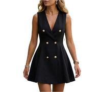 Women's Blazer Work Formal Dresses Elegant Sleeveless Ladies' Double-Breasted Gold Button V-Neck A-Line Dress for Office Brunch Casual Everyday Wear S Black