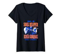 Women's Bleach Soul Reaper Ichigo Two Tone Retro Collage Anime V-Neck T-Shirt