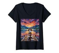 Women's Blenheim Spaniel On a Dock Dog at Mountain Lake Artwork V-Neck T-Shirt