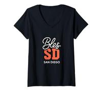 Women's BlesSD San Diego California Blessed SD Text Graphic V-Neck T-Shirt