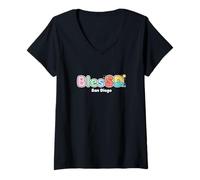 Women's BlesSD San Diego California Blessed SD Text Graphic V-Neck T-Shirt