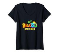 Women's BlesSD San Diego California Blessed SD Text Graphic V-Neck T-Shirt