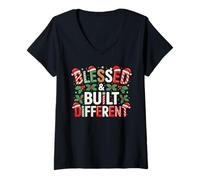 Womens Blessed & Built Different Christian Christmas V-Neck T-Shirt