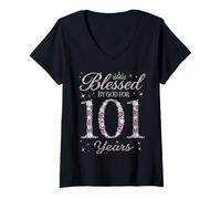 Women's Blessed by God for 101 Years Old 101st Birthday Party Queen V-Neck T-Shirt