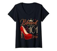 Women's Blessed By God for 101 Years Old 101st Birthday Party V-Neck T-Shirt