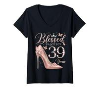 Women's Blessed By God for 39 Years Old 39th Birthday Party Queen V-Neck T-Shirt
