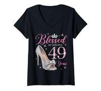Women's Blessed By God for 49 Years Old 49th Birthday Party Queens V-Neck T-Shirt