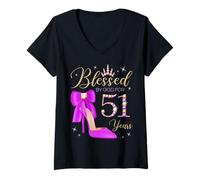 Womens Blessed By God For 51 Years Old 51st Birthday Party Queen V-Neck T-Shirt