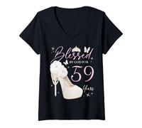 Women's Blessed By God for 59 Years Old 59th Birthday Party V-Neck T-Shirt