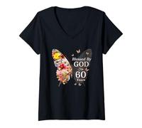 Womens Blessed by God for 60 Years Butterfly Flower 60th Birthday V-Neck T-Shirt