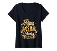 Women's Blessed by God for 61 Years Old Women 61st Birthday Queen V-Neck T-Shirt