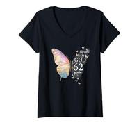 Womens Blessed by God for 62 Years Old Butterfly Art 62nd Birthday V-Neck T-Shirt