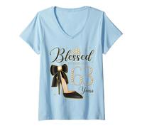 Womens Blessed by God for 63 Years Old 63rd Birthday Party Queen V-Neck T-Shirt