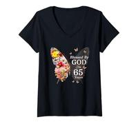 Womens Blessed by God for 65 Years Butterfly Flower 65th Birthday V-Neck T-Shirt