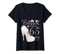 Women's Blessed By God for 65 Years Old 65th Birthday Party V-Neck T-Shirt