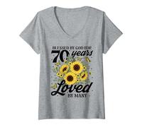 Women's Blessed by God for 70 Years Loved Sunflower 70th Birthday V-Neck T-Shirt