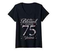 Women's Blessed by God for 75 Years Old 75th Birthday Party Queen V-Neck T-Shirt