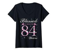 Women's Blessed By God for 84 Years Old 84th Birthday Party B-Day V-Neck T-Shirt