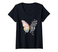 Womens Blessed by God for 84 Years Old Butterfly Art 84th Birthday V-Neck T-Shirt