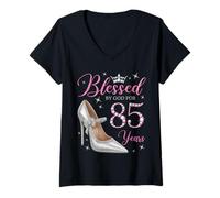 Women's Blessed By God for 85 Years Old 85th Birthday Party Queens V-Neck T-Shirt