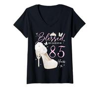 Women's Blessed By God for 85 Years Old 85th Birthday Party V-Neck T-Shirt