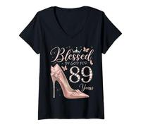 Women's Blessed By God for 89 Years Old 89th Birthday Party Queen V-Neck T-Shirt